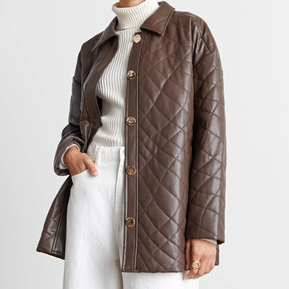 Who What Wear Cassi Vegan-Leather Quilted Jacket ~ Chocolate